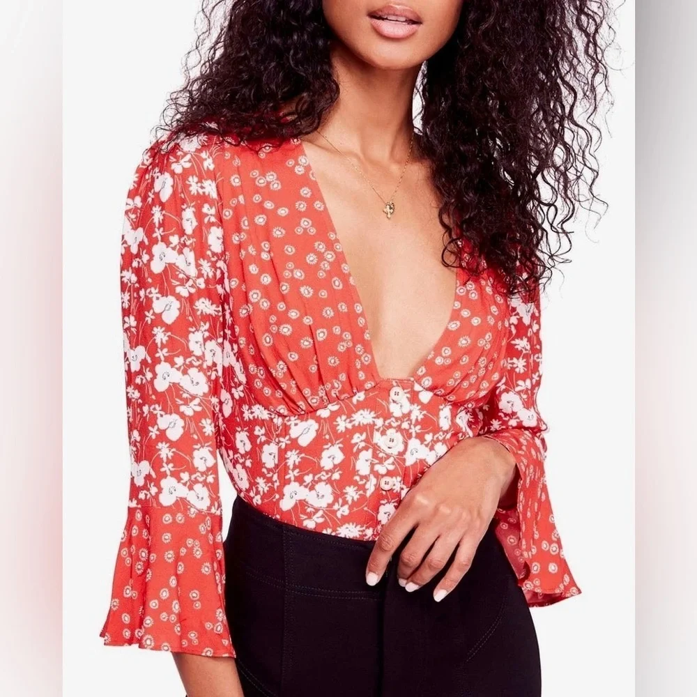 Free People Lady Bohemian coral floral top